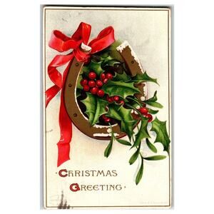Vintage Christmas Postcard Horseshoe Holly Red Bow 1913